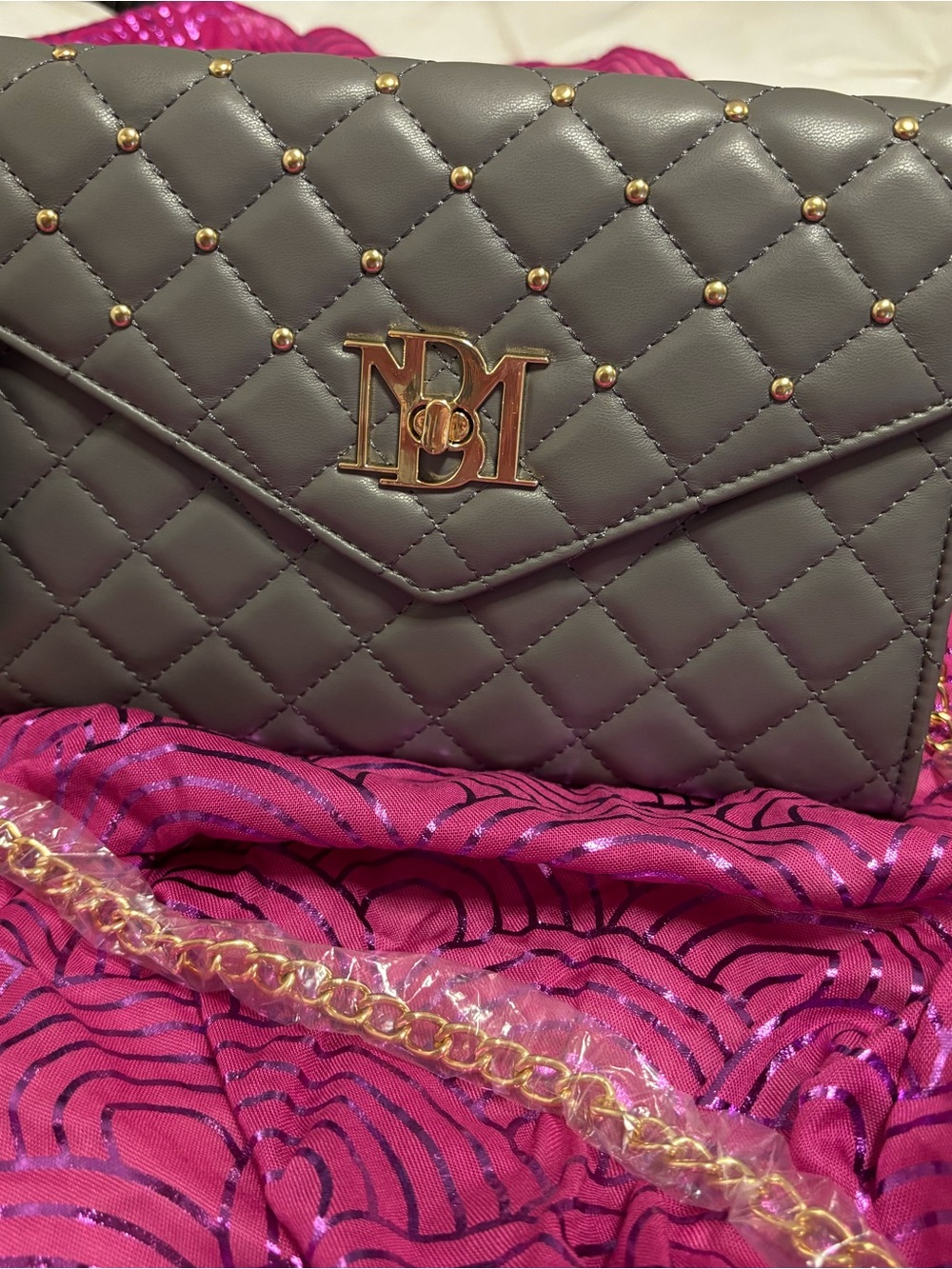 Badgley Mischka Quilted Envelope Crossbody in Gray with Gold Hardware